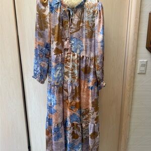 Polagram Floral Long Sleeve Dress in Blue and Brown